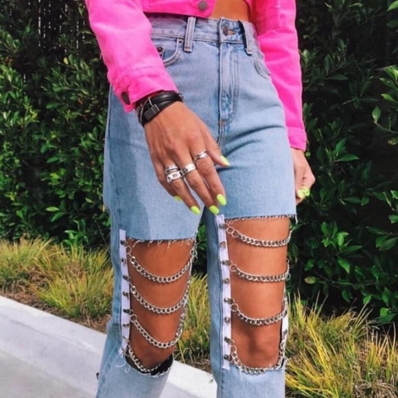 Carmar Galexia Hermia Straight Leg Jeans Cut Out Chain Knee Light Wash Size 27 - Picture 3 of 14